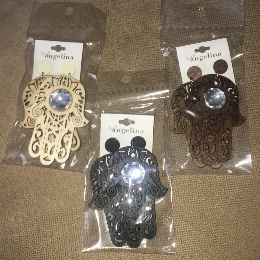 Wooden Hamsa Hand With Rhinestone Earrings